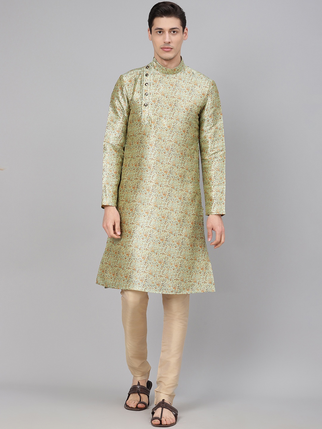 

Readiprint Fashions Men Green & Beige Angrakha Printed Kurta with Churidar