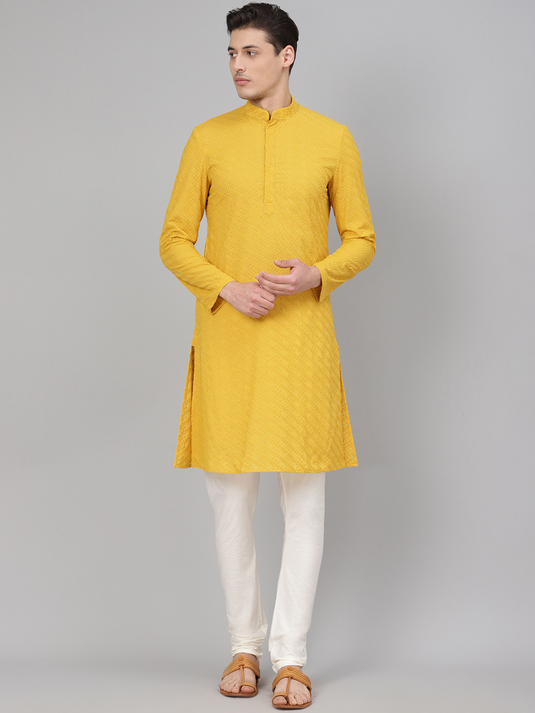

Readiprint Fashions Men Yellow & Off-White Chikankari Embroidered Kurta with Churidar
