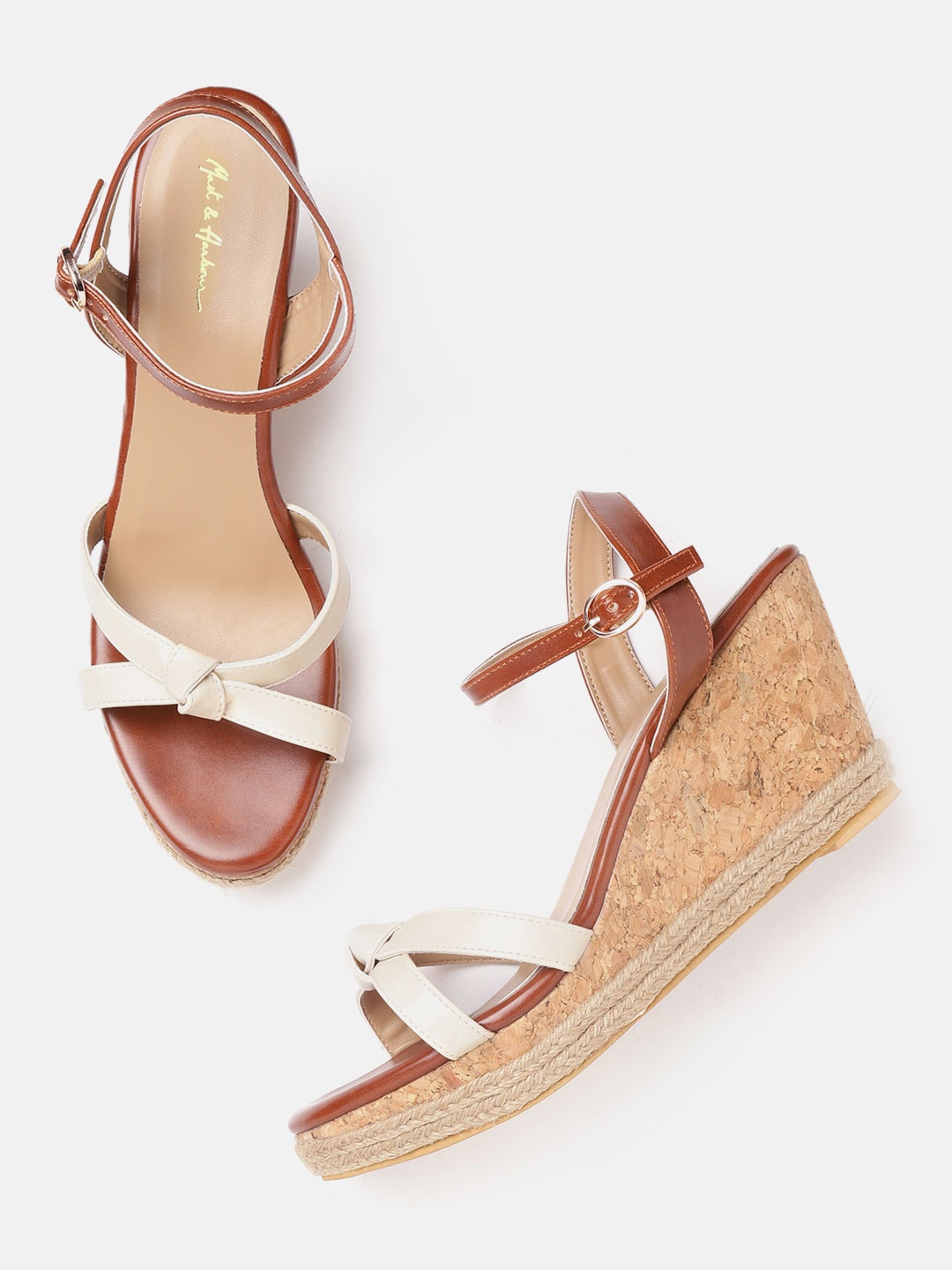 

Mast & Harbour Women Cream-Coloured & Brown Colourblocked Wedges with Knot Detail
