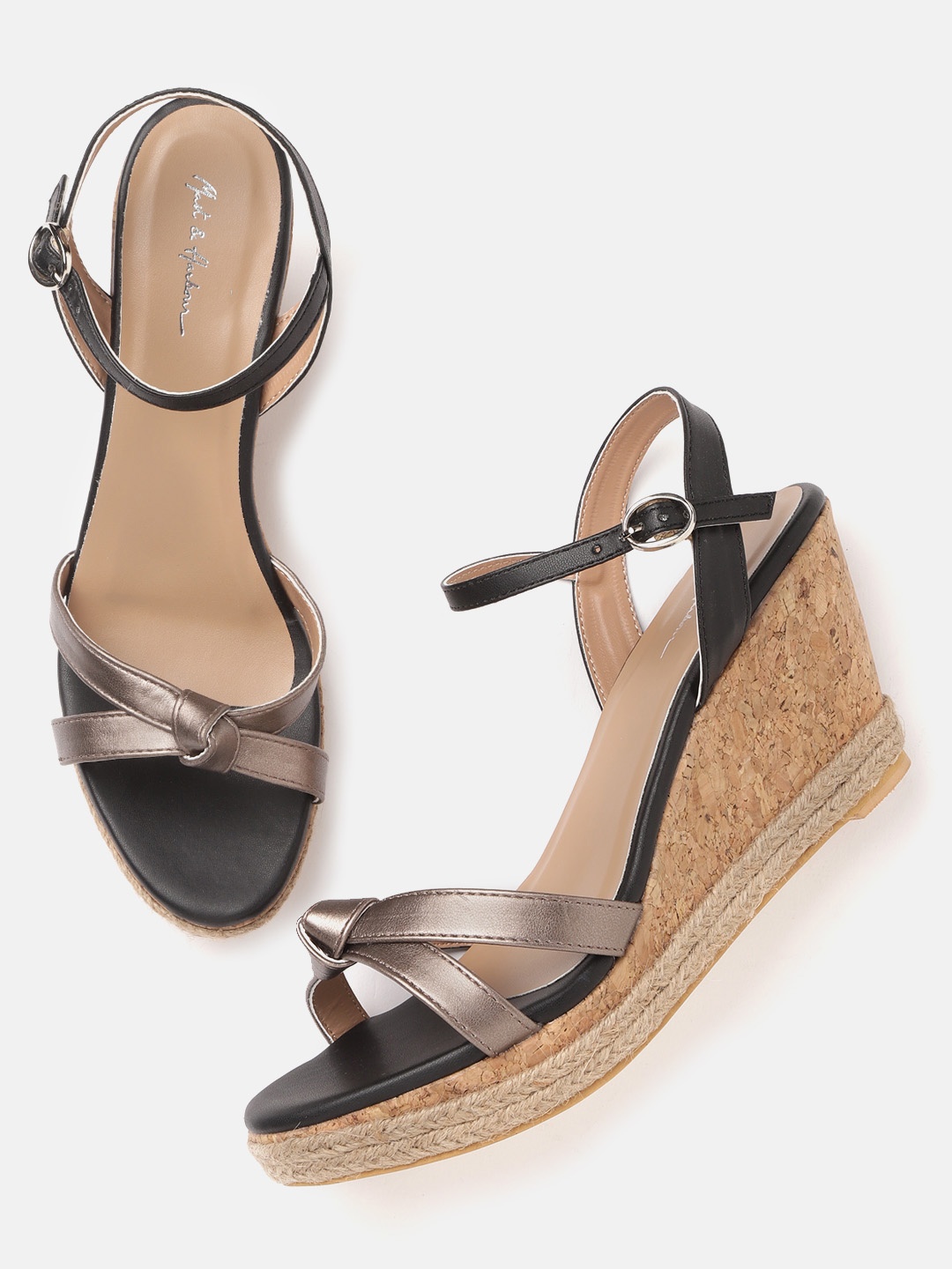 

Mast & Harbour Women Gunmetal-Toned & Black Colourblocked Wedges, Metallic