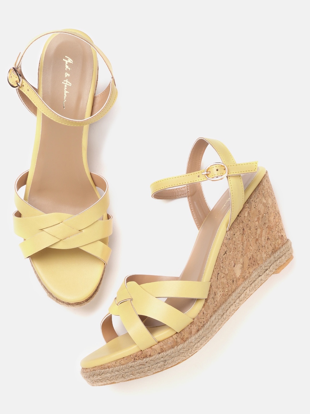 

Mast & Harbour Women Light Mustard Yellow Solid Interwoven Strap Wedges
