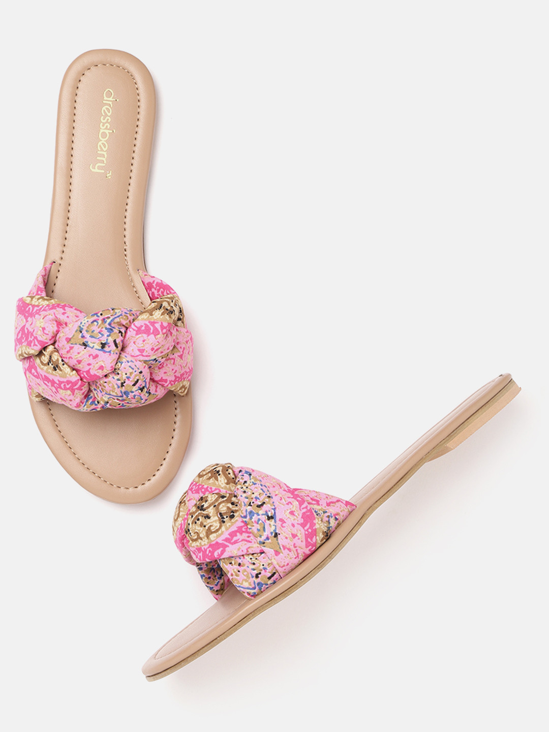 

DressBerry Women Pink & Brown Ethnic Motifs Print Braided & Handcrafted Open Toe Flats