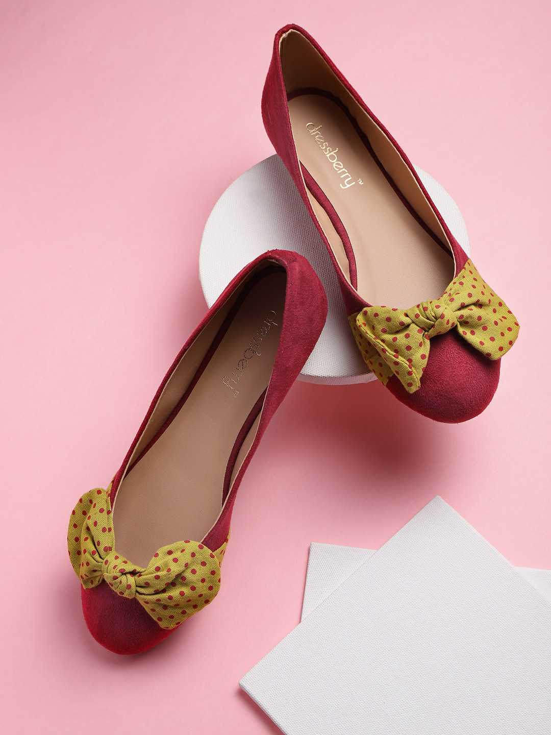 

DressBerry Women Brick Red & Yellow Polka Dots Print Ballerinas with Bow Detail
