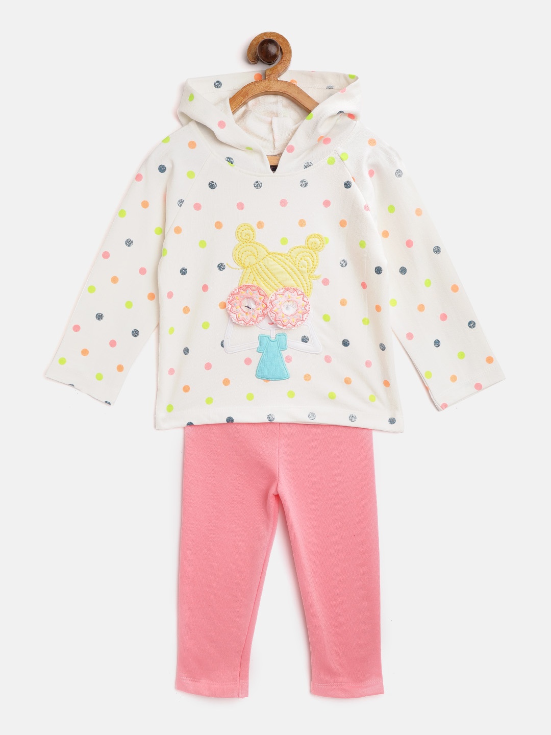 

Nauti Nati Girls White & Pink Polka Dot Print Pure Cotton Hooded Sweatshirt with Leggings