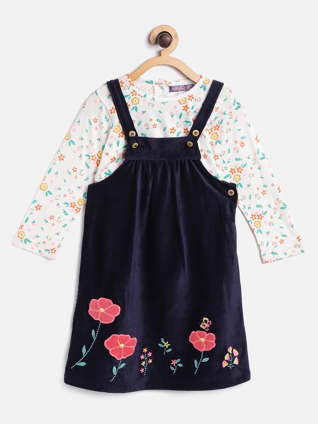 

Nauti Nati Girls Navy Blue Corduroy Floral Applique Pure Cotton Pinafore Dress with Tshirt