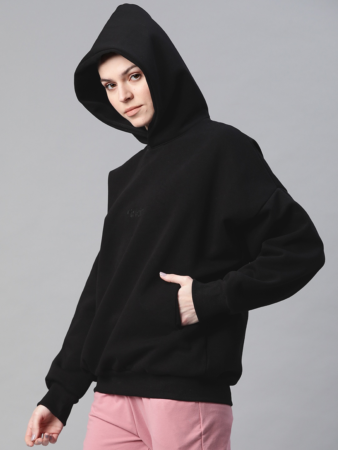 

Fitkin Women Black Solid Hooded Winter Sweatshirt