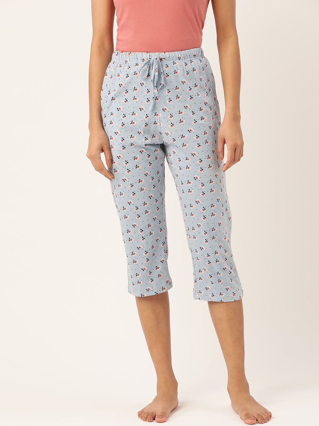 

ETC Women Blue & Peach Coloured Floral Print Pure Cotton Lounge Capris
