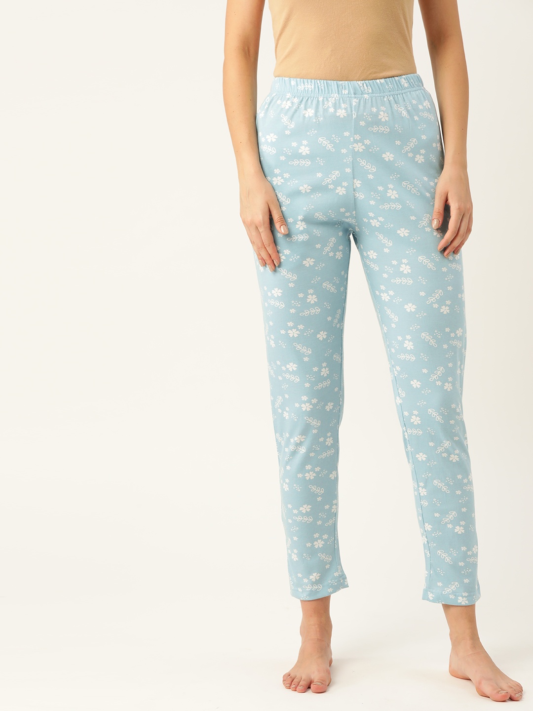 

ETC Women Blue & White Pure Cotton Floral Print Cropped Lounge Pants