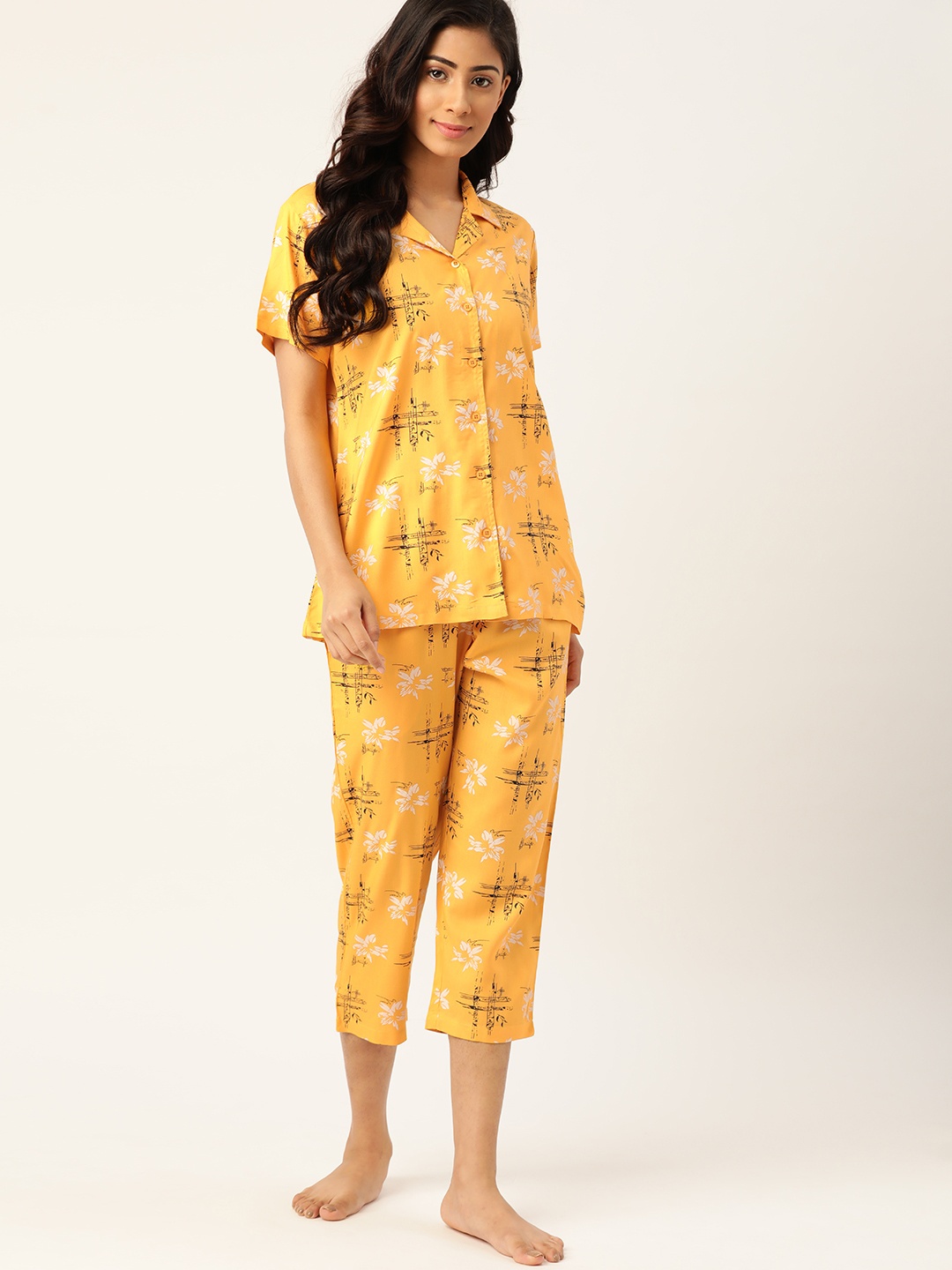 

ETC Women Mustard Yellow & Black Floral Printed Night suit