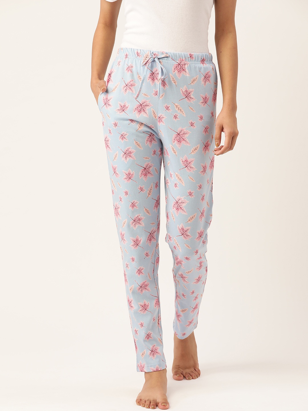 

ETC Women Blue & Pink Leaf Print Pure Cotton Lounge Pants