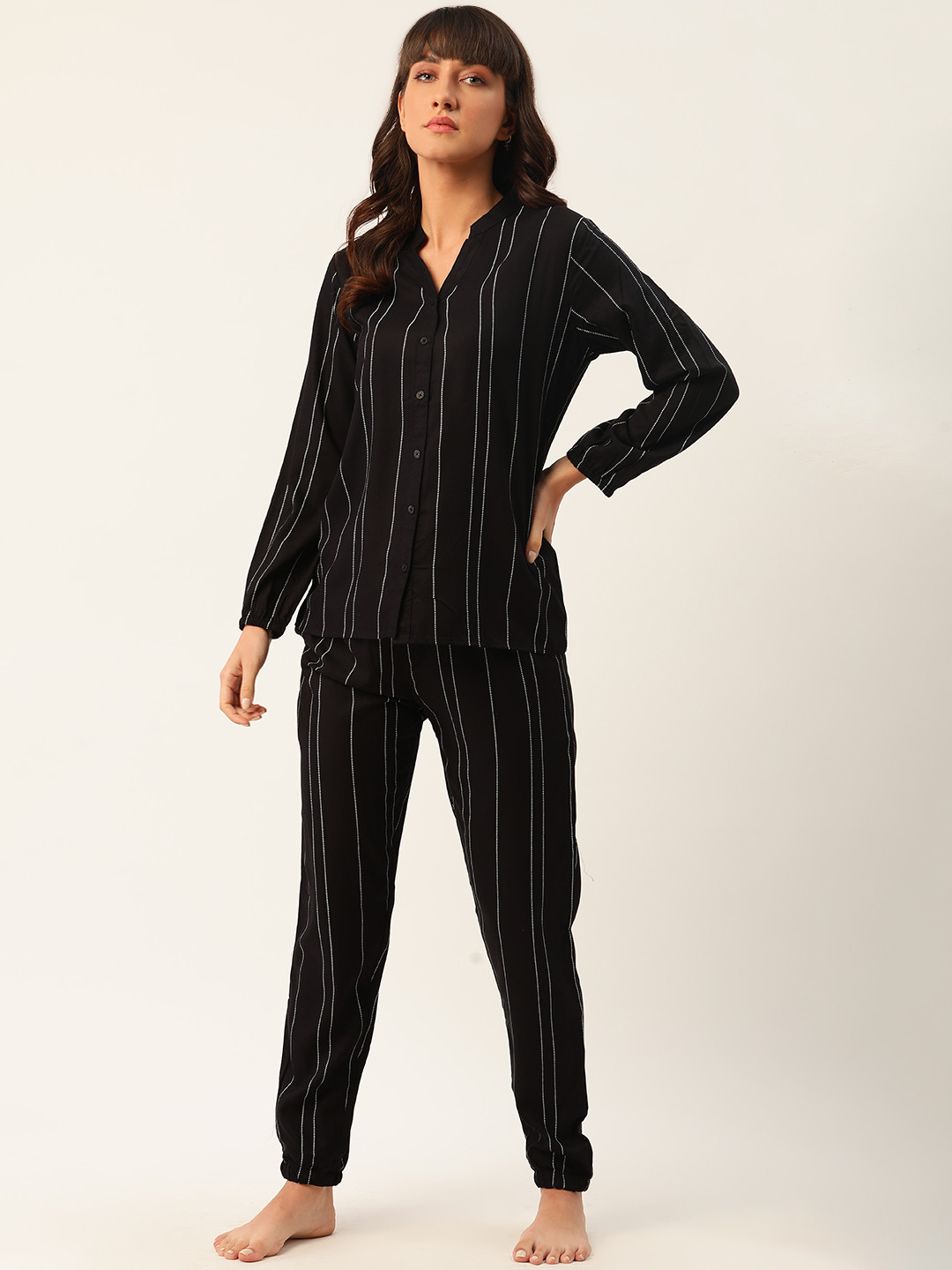 

ETC Women Black & White Striped Night suit