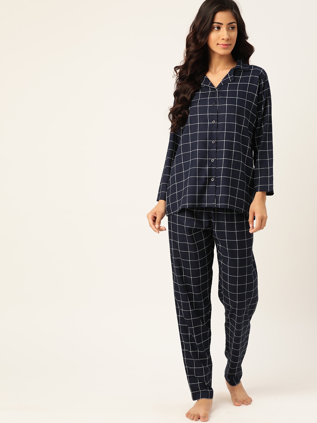 

ETC Women Navy Blue & White Checked Night suit
