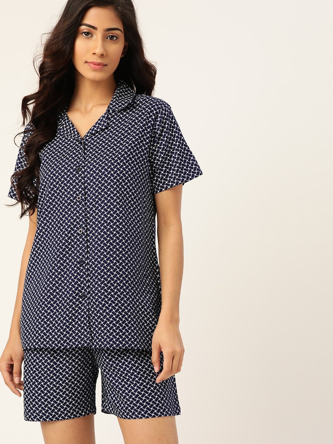 

ETC Women Navy Blue & White Printed Night suit