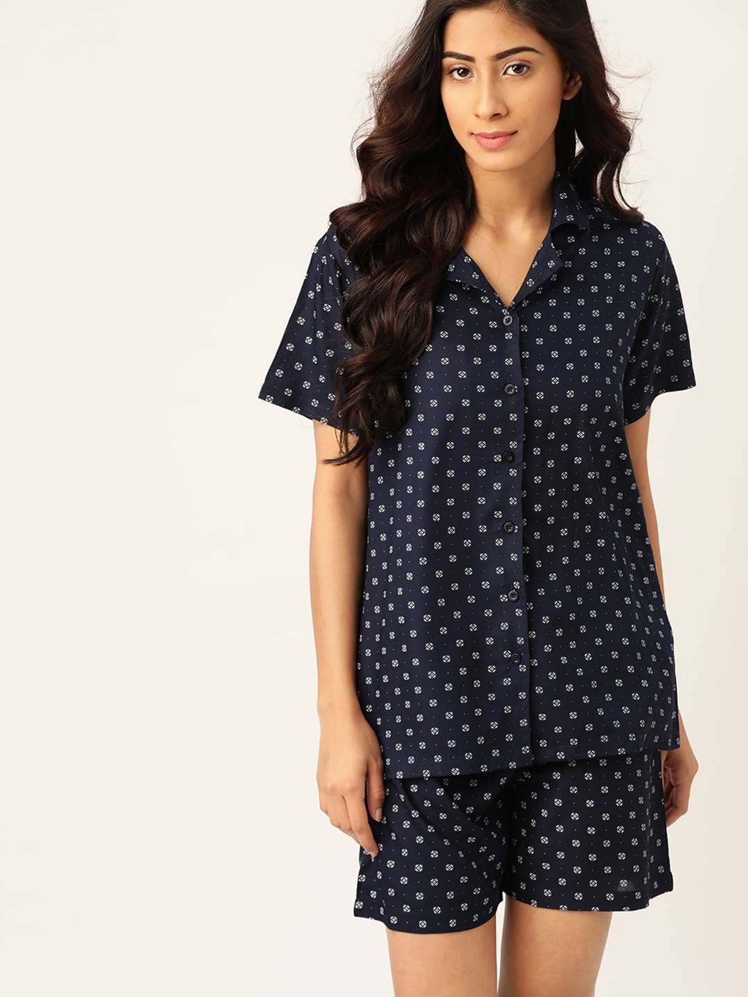 

ETC Women Navy Blue & White Printed Night suit