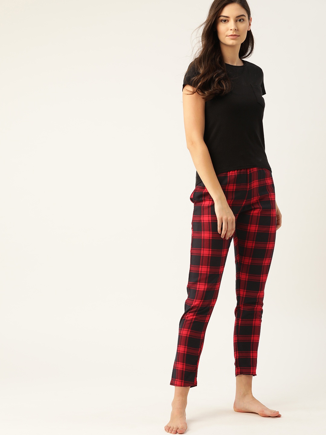 

ETC Women Navy Blue & Red Checked Cropped Lounge Pants