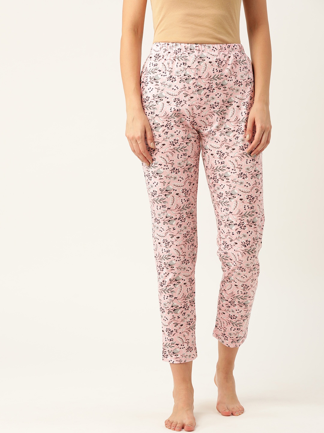 

ETC Women Pink & Black Floral Print Pure Cotton Cropped Lounge Pants