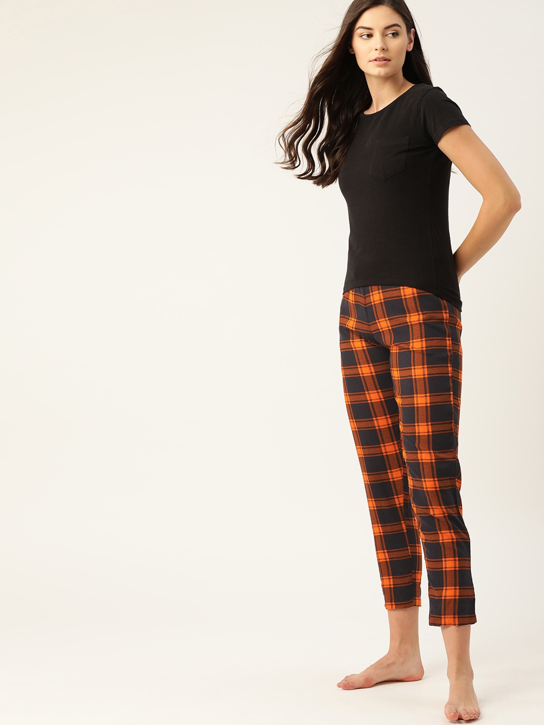 

ETC Women Navy Blue & Orange Checked Cropped Lounge Pants