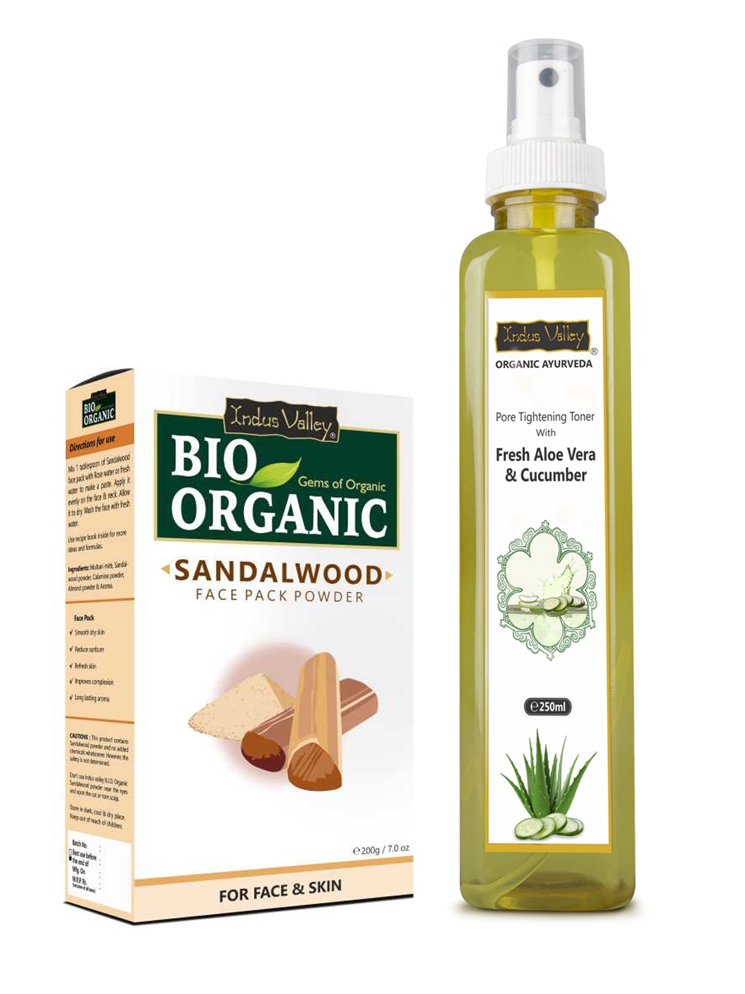 

Indus Valley Bio Organic Sandalwood Face Pack Powder & Fresh Aloe Vera & Cucumber Toner, Tan