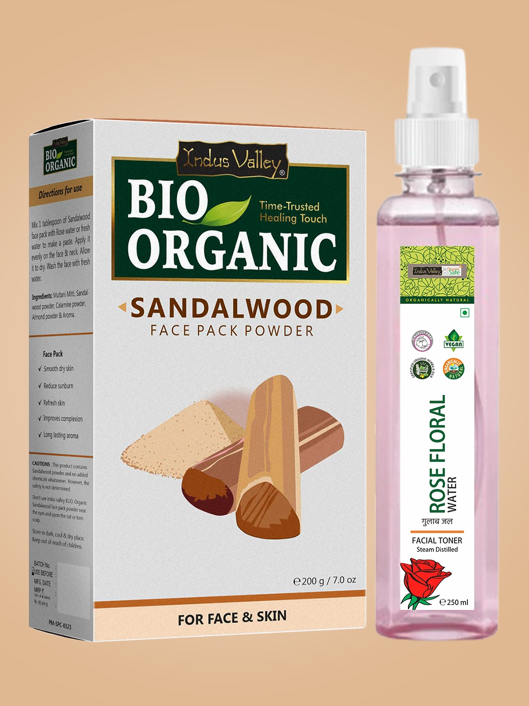 

Indus Valley Bio Organic Sandalwood Face Pack Powder & Ayuveda Fresh Rose Toner, Tan