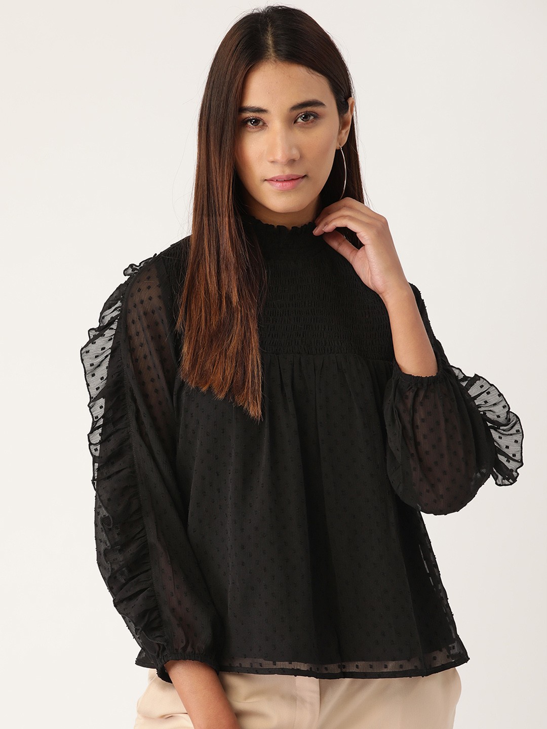 

Antheaa Women Black Dobby Weave A-Line Top