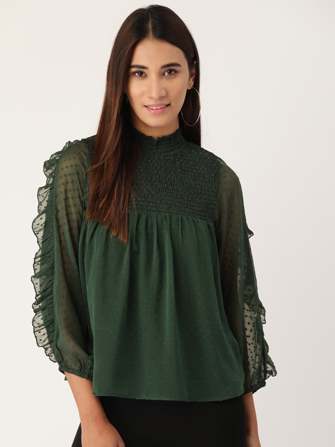 

Antheaa Women Green Dobby Weave A-Line Top