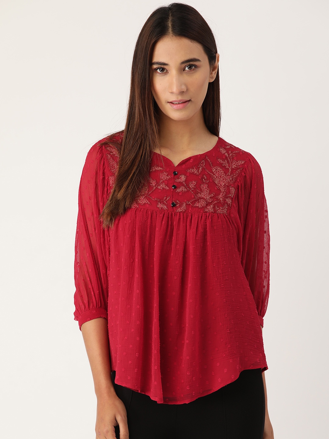 

Antheaa Women Maroon Dobby Weave A-Line Top