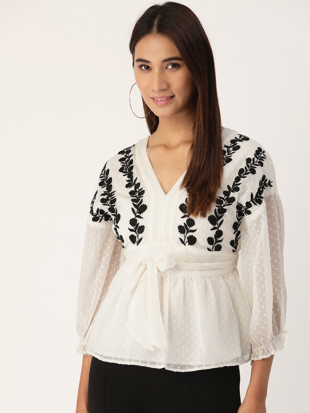 

Antheaa Women White Dobby Weave Embroidered Detail A-Line Top