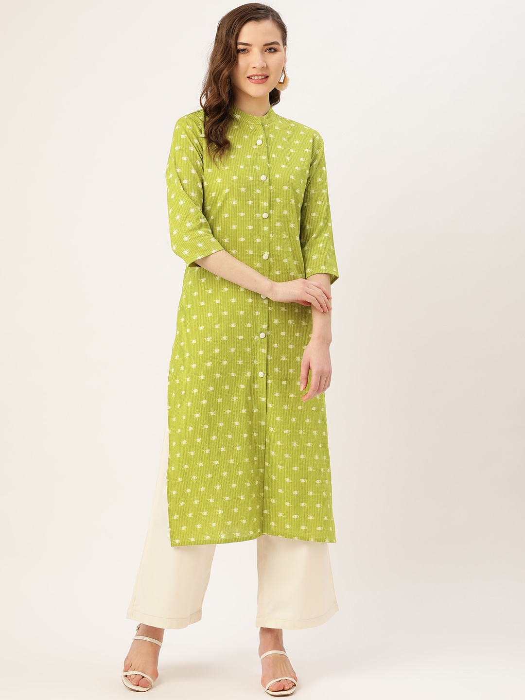 

Kurti's by Menka Women Green & White Pure Cotton Printed Straight Kurta