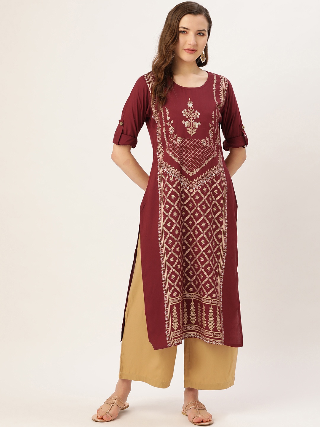 

Kurti's by Menka Women Maroon & Golden Printed Straight Kurta