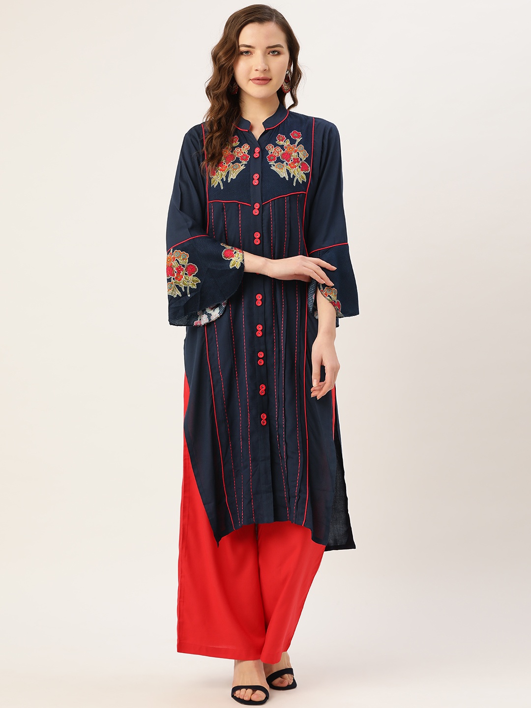 

Kurti's by Menka Women Navy Blue Printed Straight Kurta With Bell Sleeves