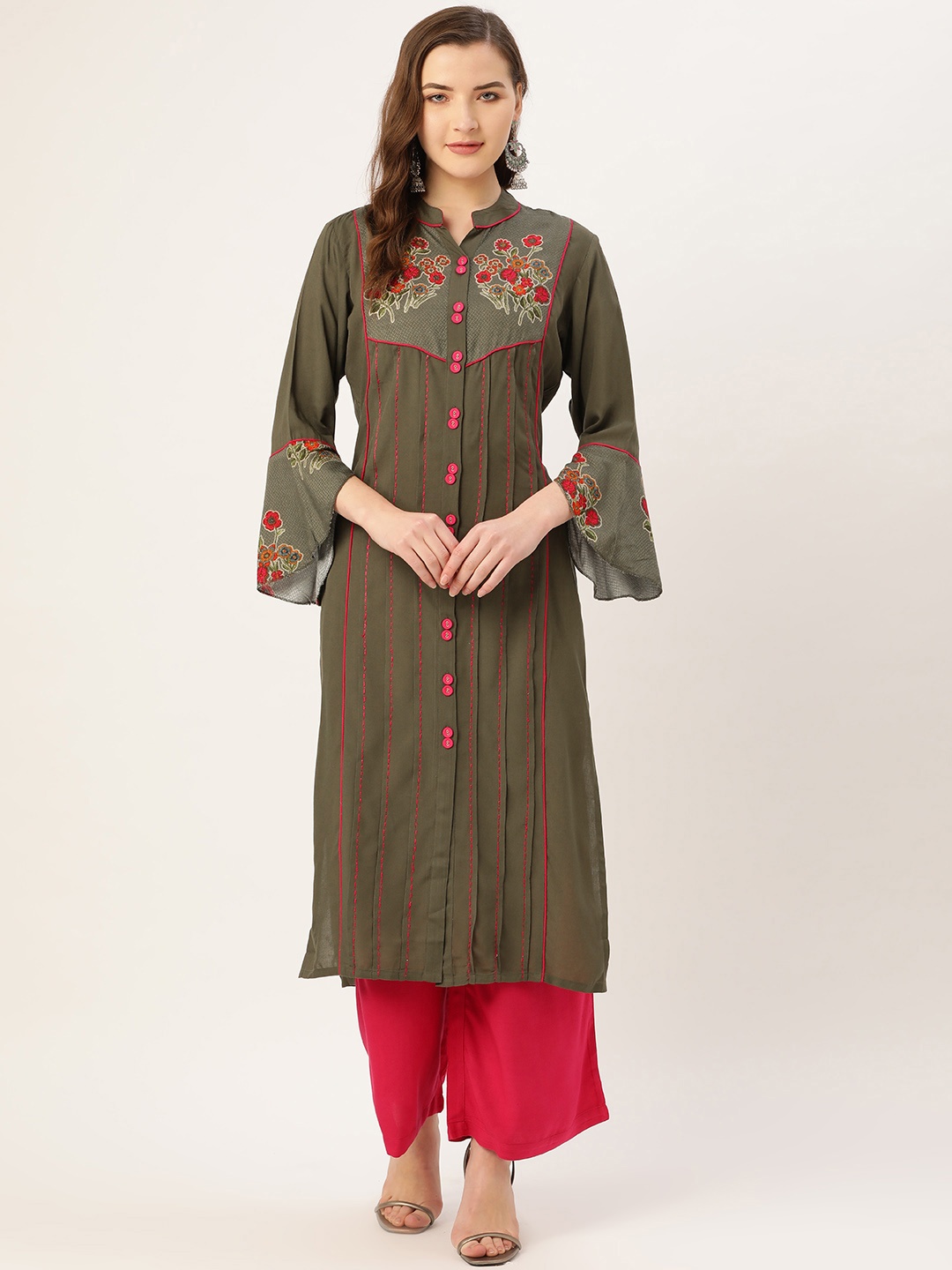 

Kurti's by Menka Women Olive Green & Pink Yoke Design Pintuck Straight Kurta