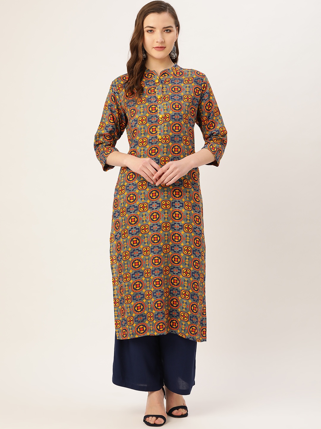 

Kurti's by Menka Women Grey & Yellow Printed Straight Kurta
