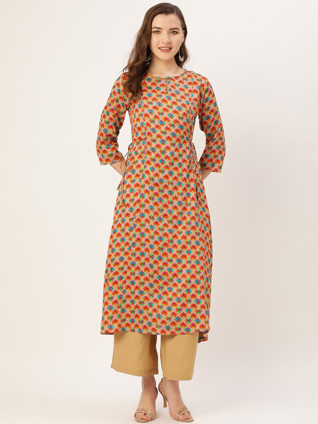 

Kurti's by Menka Women Beige & Orange Printed A-Line Kurta