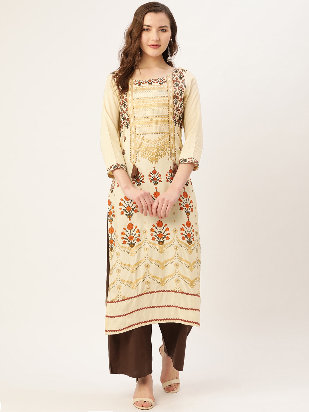 

Kurti's by Menka Women Cream-Coloured & Golden Foil Printed Straight Kurta