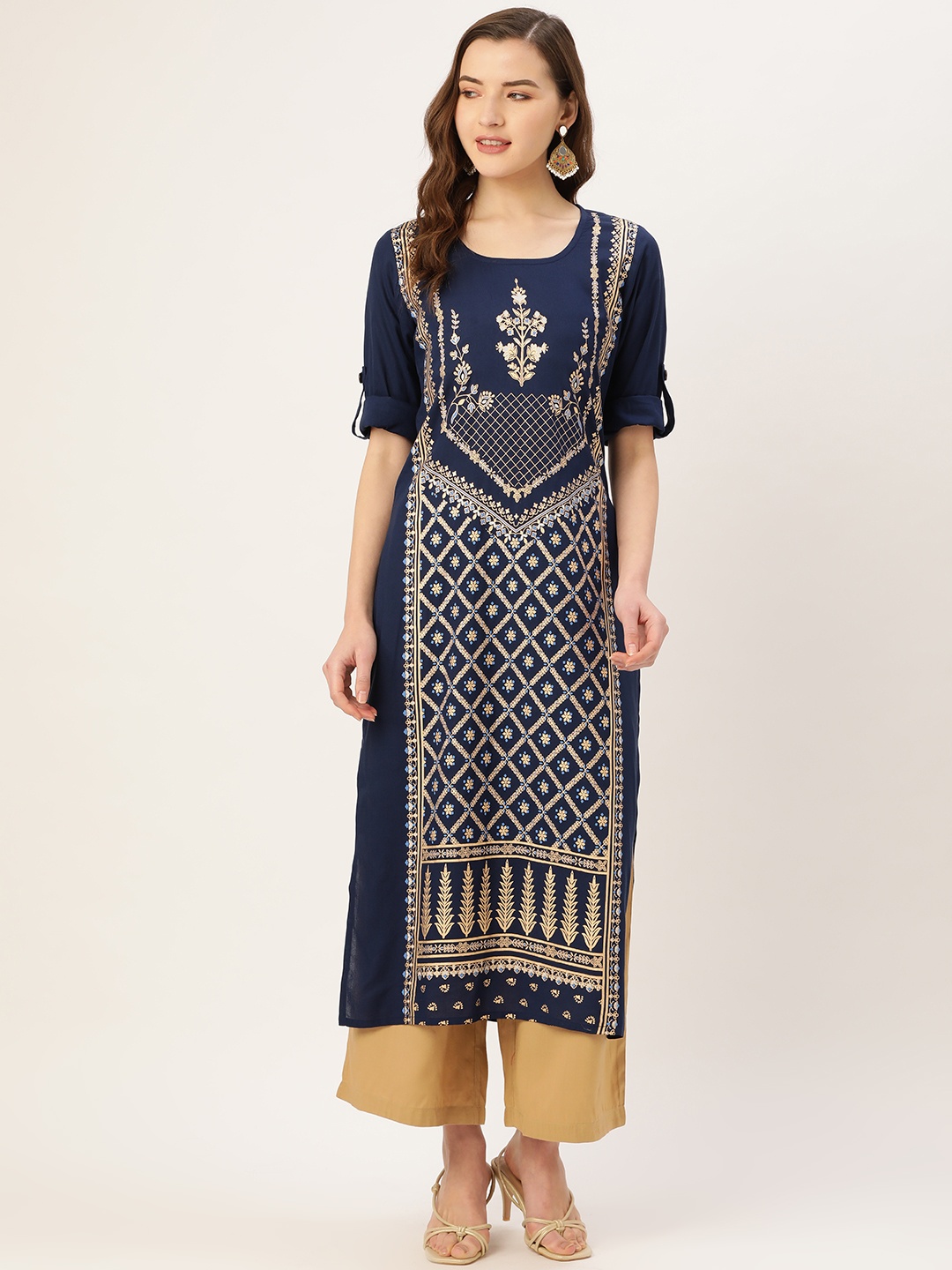 

Kurti's by Menka Women Navy Blue & Golden Printed Straight Kurta
