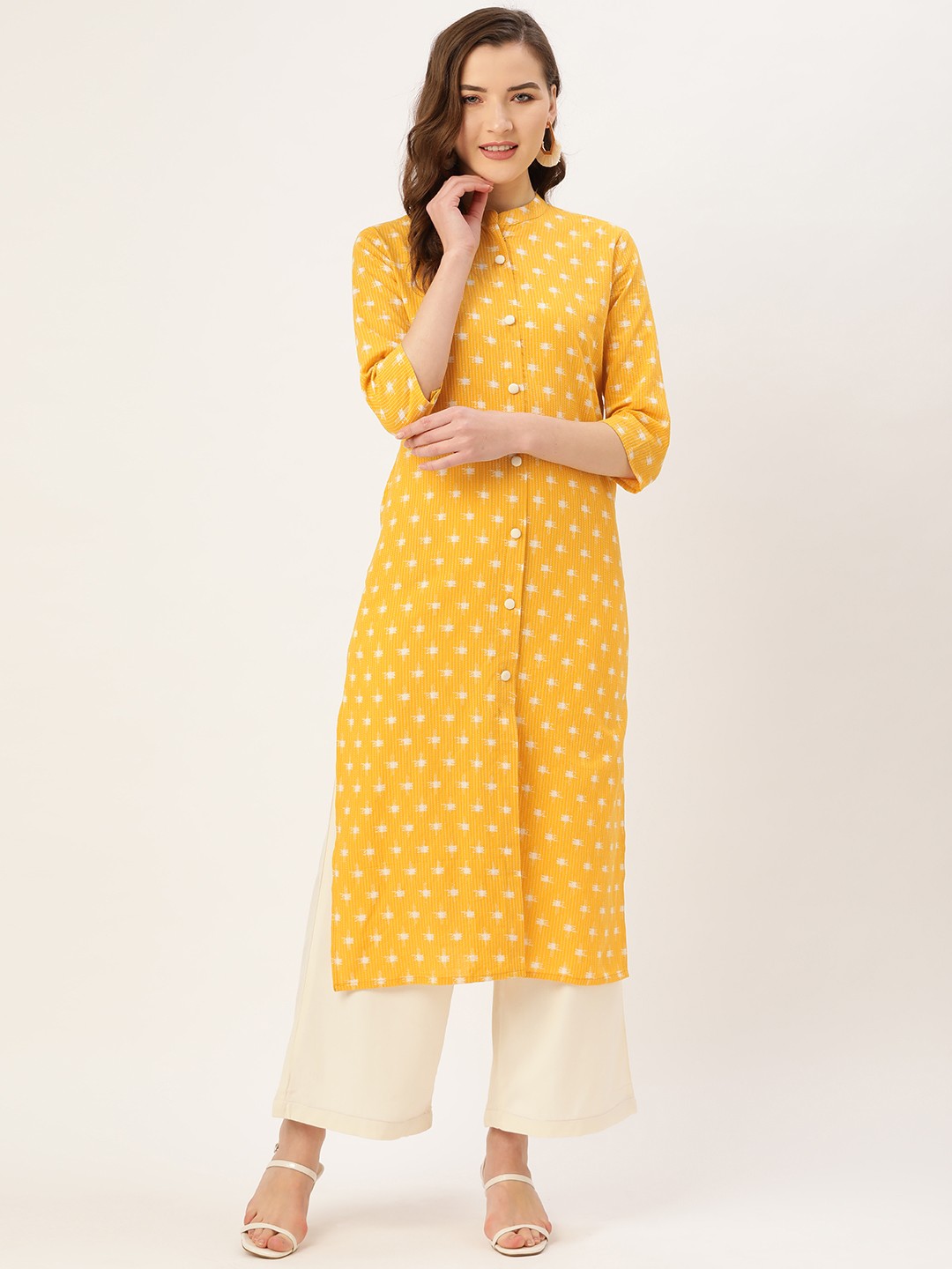 

Kurti's by Menka Women Mustard Yellow & White Pure Cotton Printed Straight Kurta