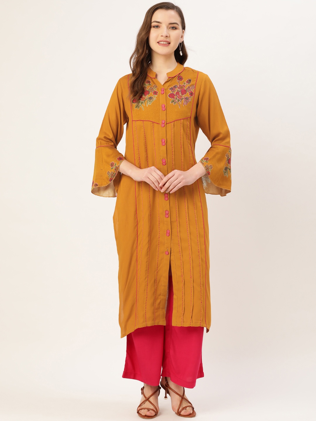 

Kurti's by Menka Women Rust Orange & Pink Yoke Design Pintuck Straight Kurta