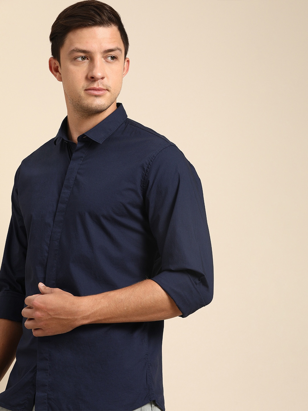 

ether Men Navy Blue Regular Fit Solid Casual Shirt Treated with N9 Silver