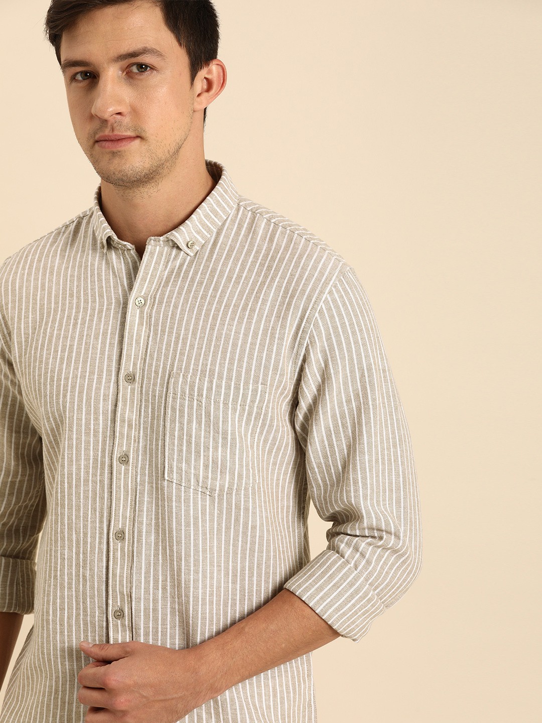 

ether Men Brown & White Regular Fit Striped Cotton Linen Casual Shirt