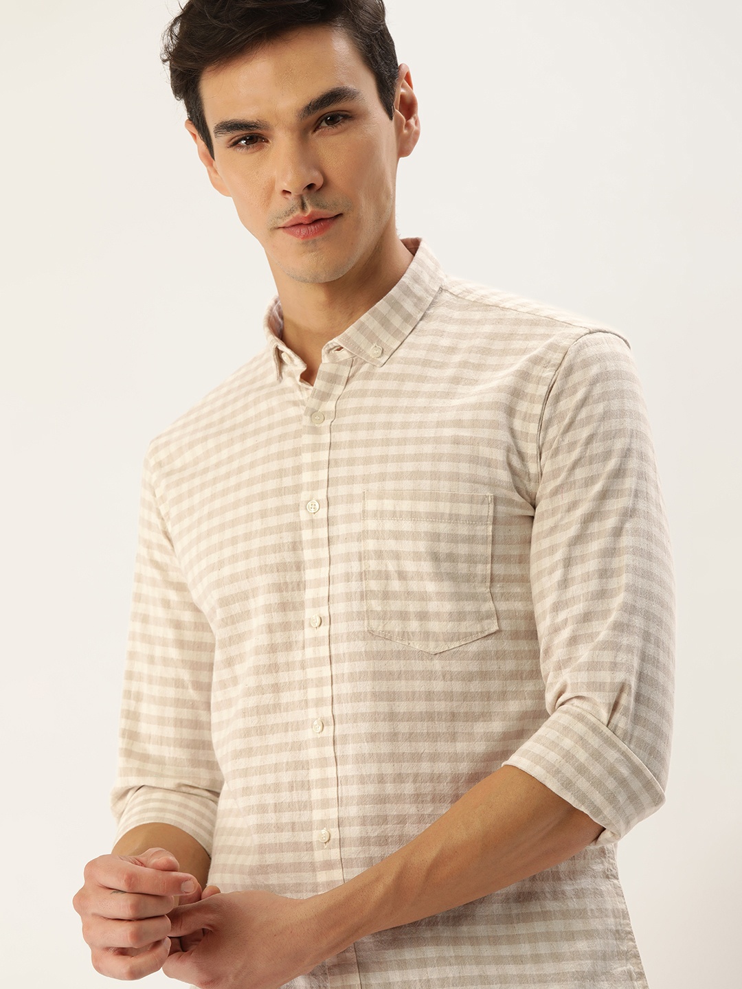 

ether Men Beige & Off-White Gingham Checks Casual Linen Cotton Shirt