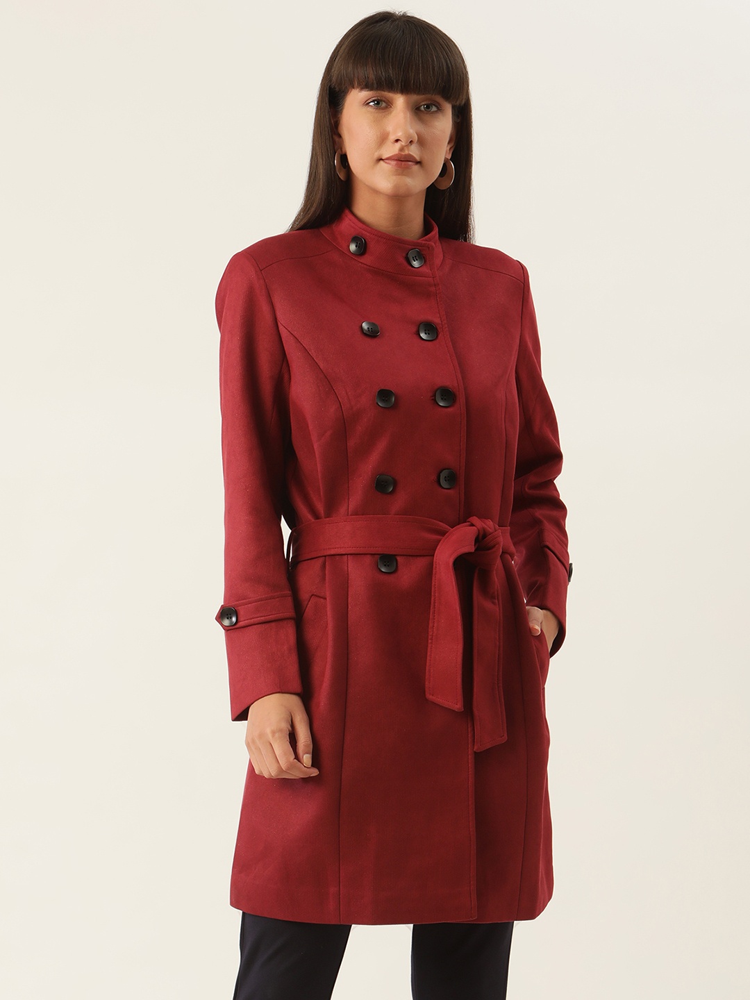 

ZOELLA Women Maroon Solid Double-Breasted Knee-Length Trench Coat