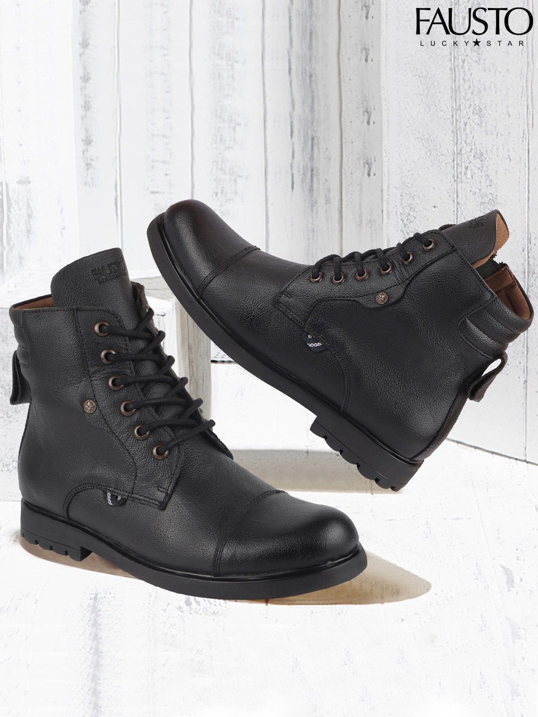 

FAUSTO Men Black Solid Leather High-Top Flat Boots