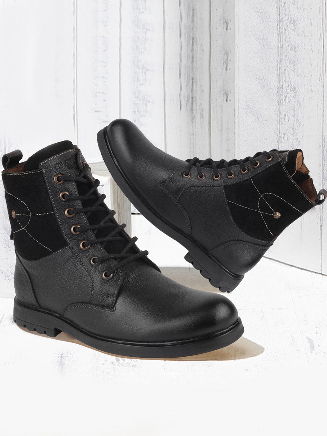 

FAUSTO Men Black Solid Leather High-Top Flat Boots