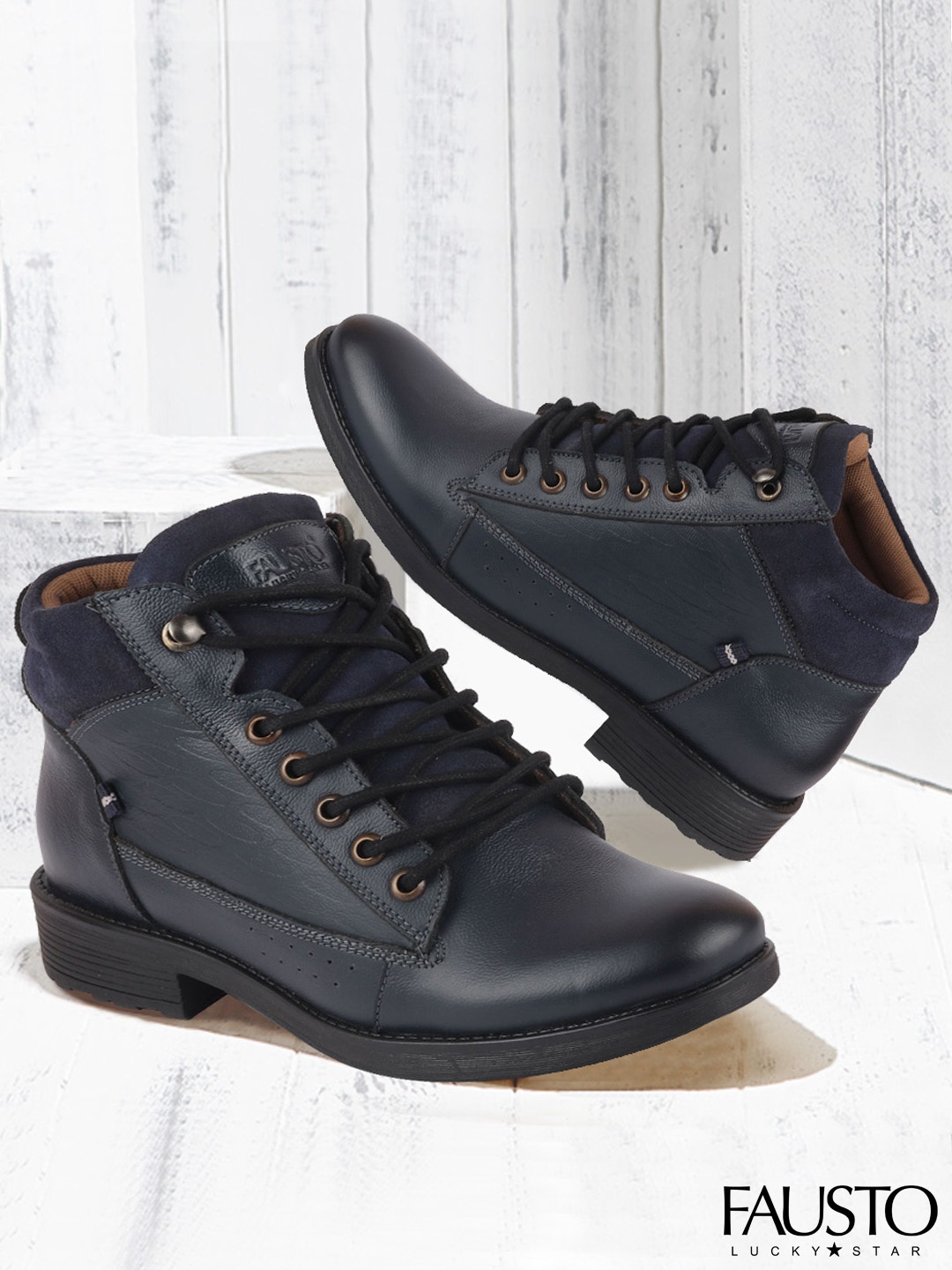 

FAUSTO Men Navy Blue Solid Leather Mid-Top Flat Boots