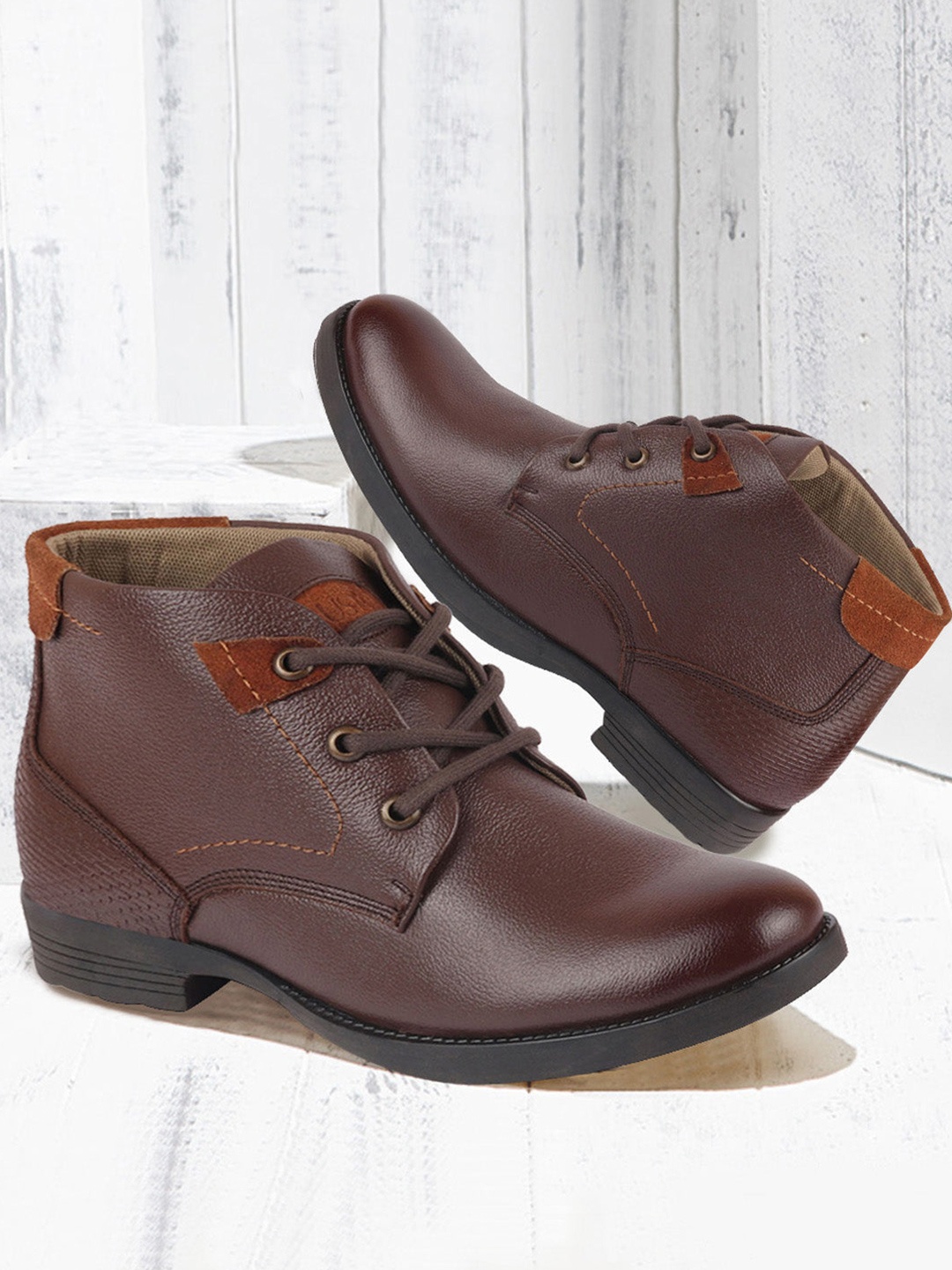 

FAUSTO Men Brown Solid Leather Mid-Top Flat Boots