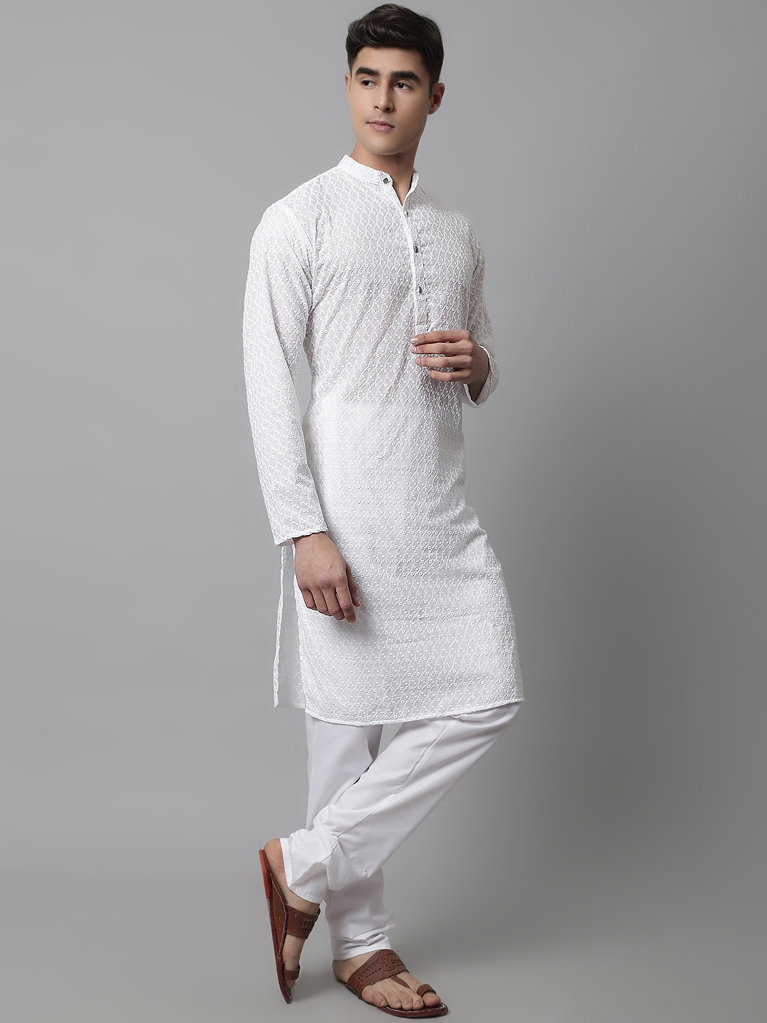 

Jompers Men White Self Design Kurta with Churidar