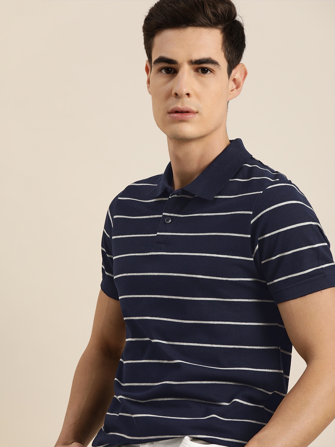 

INVICTUS Men Navy Blue Striped Polo Collar Pure Cotton T-shirt