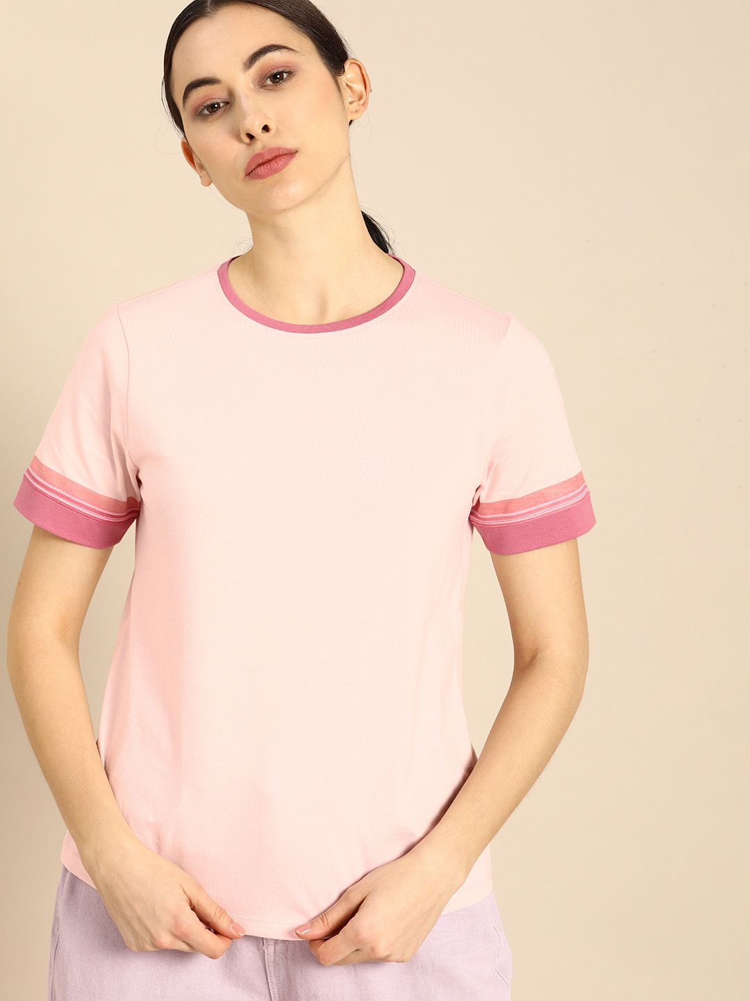 

ether Women Pink Solid Round Neck Pure Cotton T-shirt