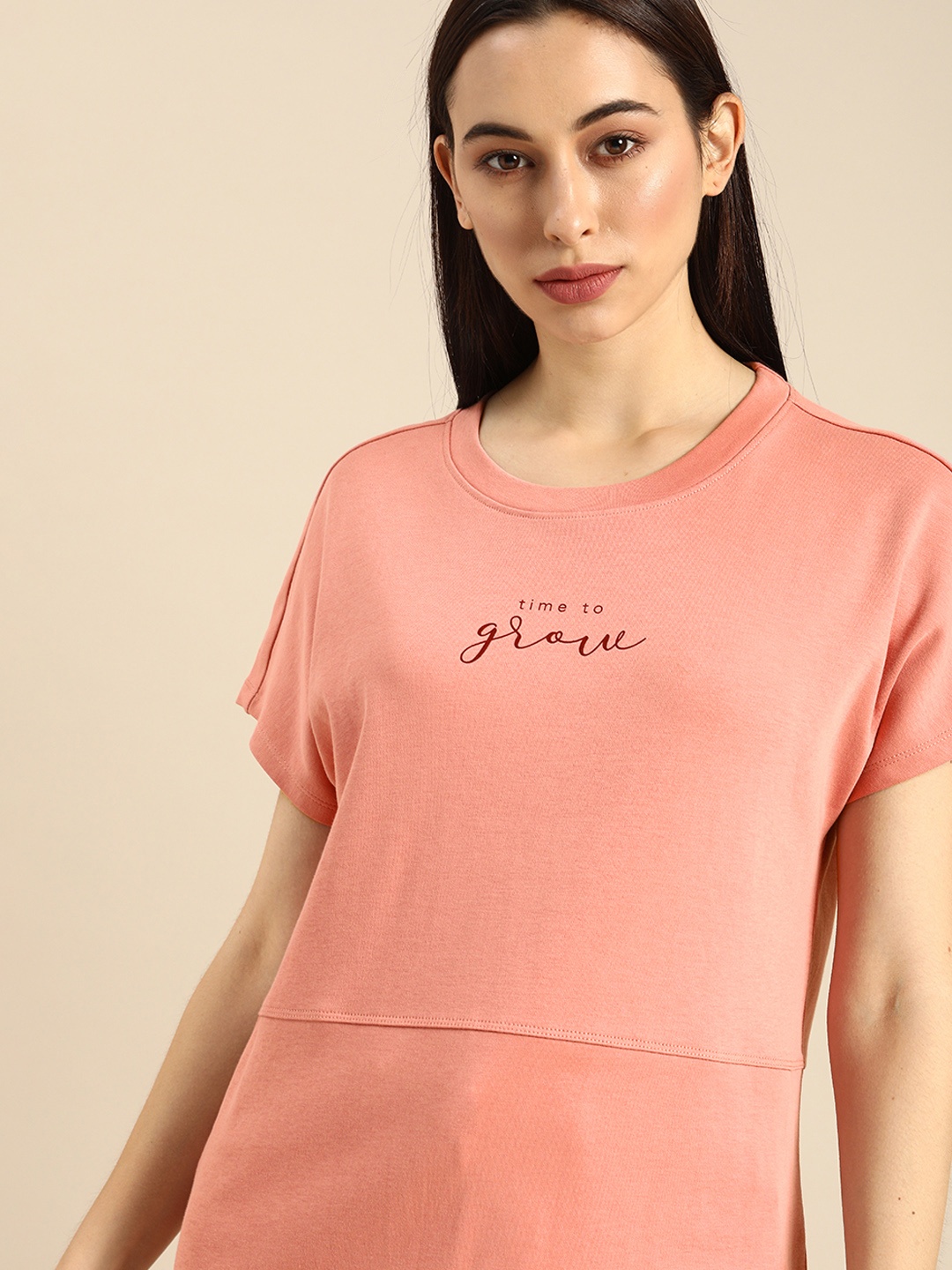 

ether Women Pink Printed Round Neck Pure Cotton T-shirt