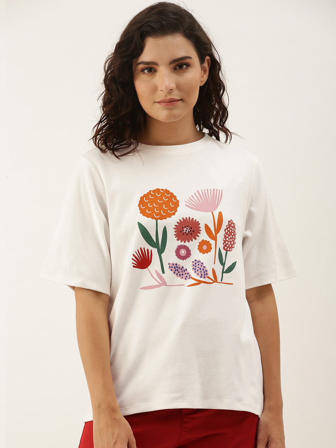 

ether Women Off White Floral Printed Pure Cotton T-shirt